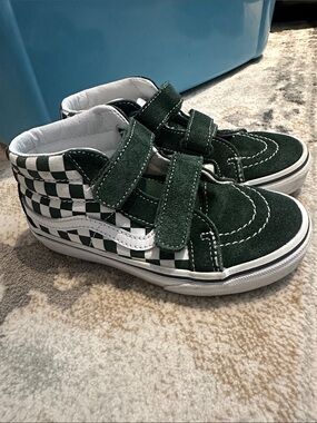 Vans Kids Green and White Checkered High-Top Sneakers with Velcro